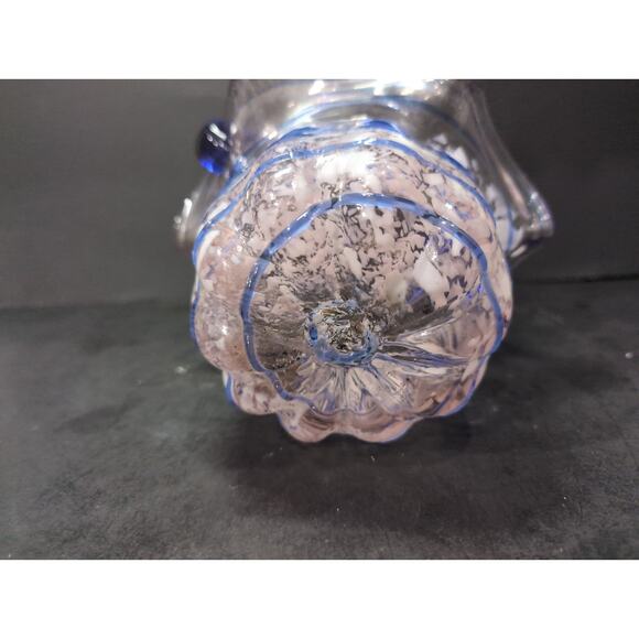 Hand Blown Art Glass Basket w/ Cobalt Blue Spiral White Opalescent Splatter Wavy - Picture 7 of 10